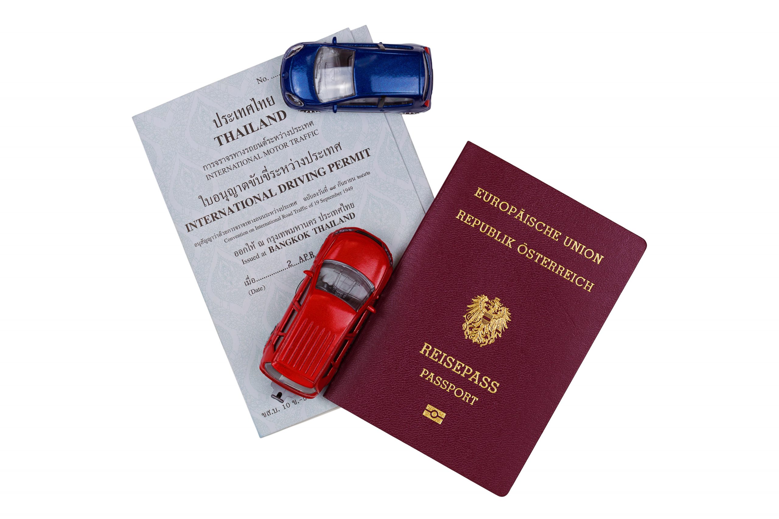 Mini cars, Austrian passport on International Driving Permit, motor traffic issued in Bangkok, Thailand