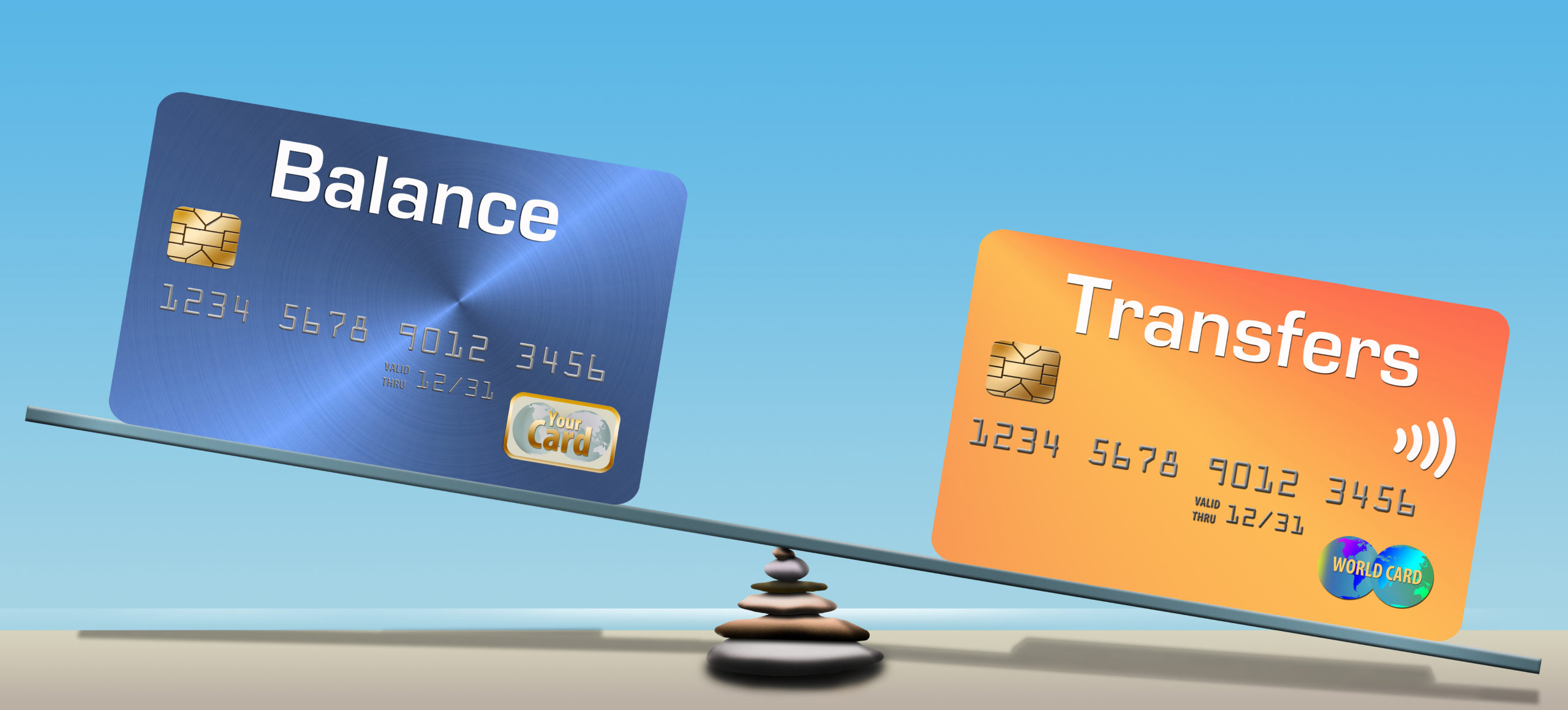 Image of scale with two credit cards on both side. one says balance, and the other says transfer