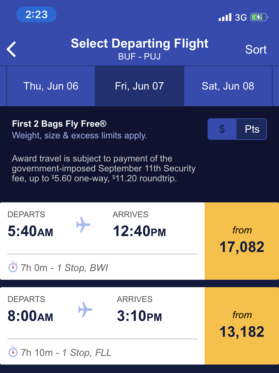 Southwest flights screenshot of times and points prices