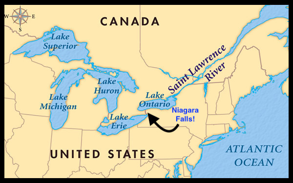 Map of the 5 great lakes with arrow pointing to Niagara Falls