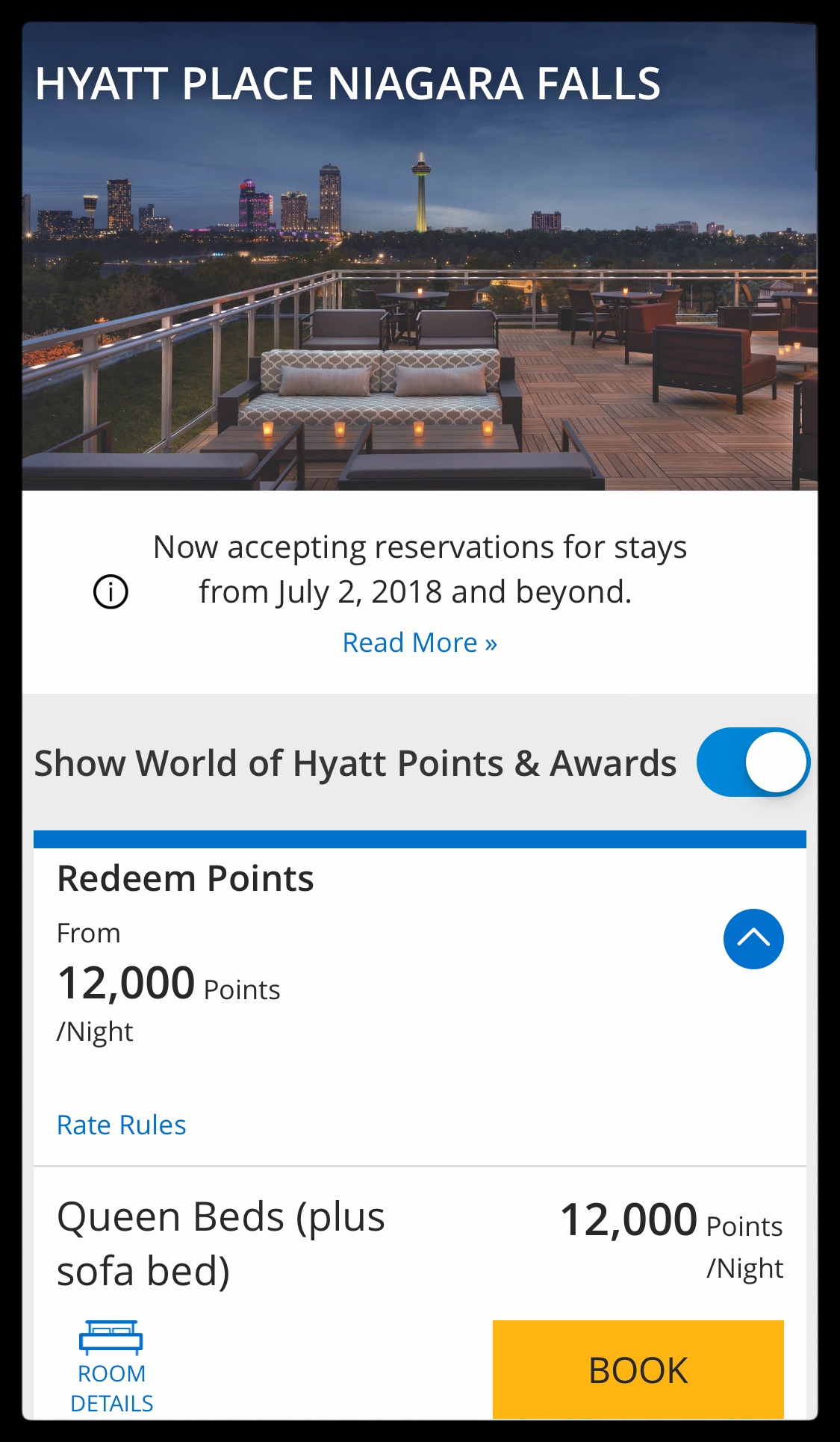 Screenshot of Hyatt Place Points Price of 12,000 points