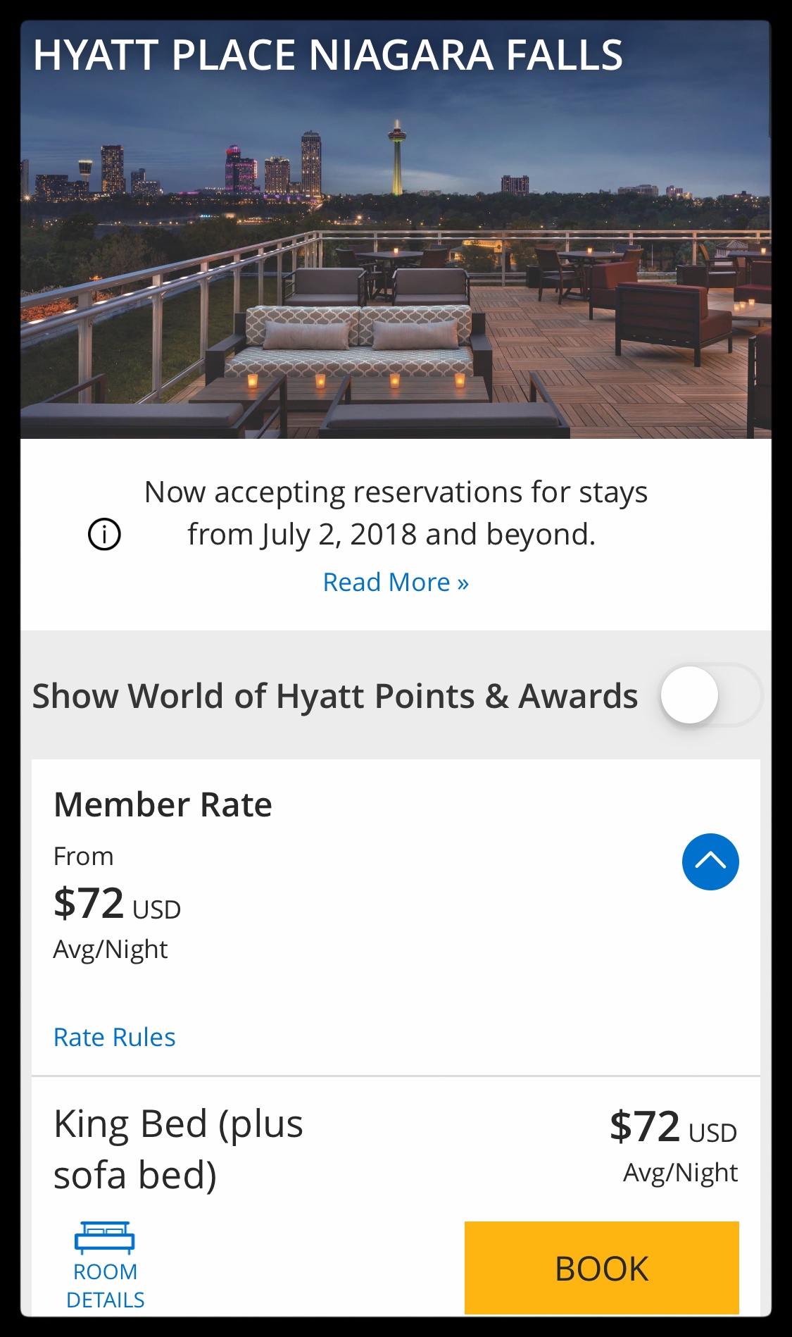 Screenshot of Hyatt Place Winter Price of $72