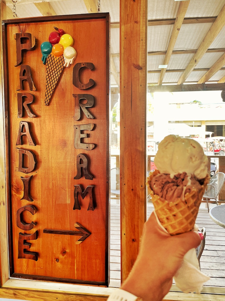 Ice Cream Cone being held in front of Paradice Cream sign.