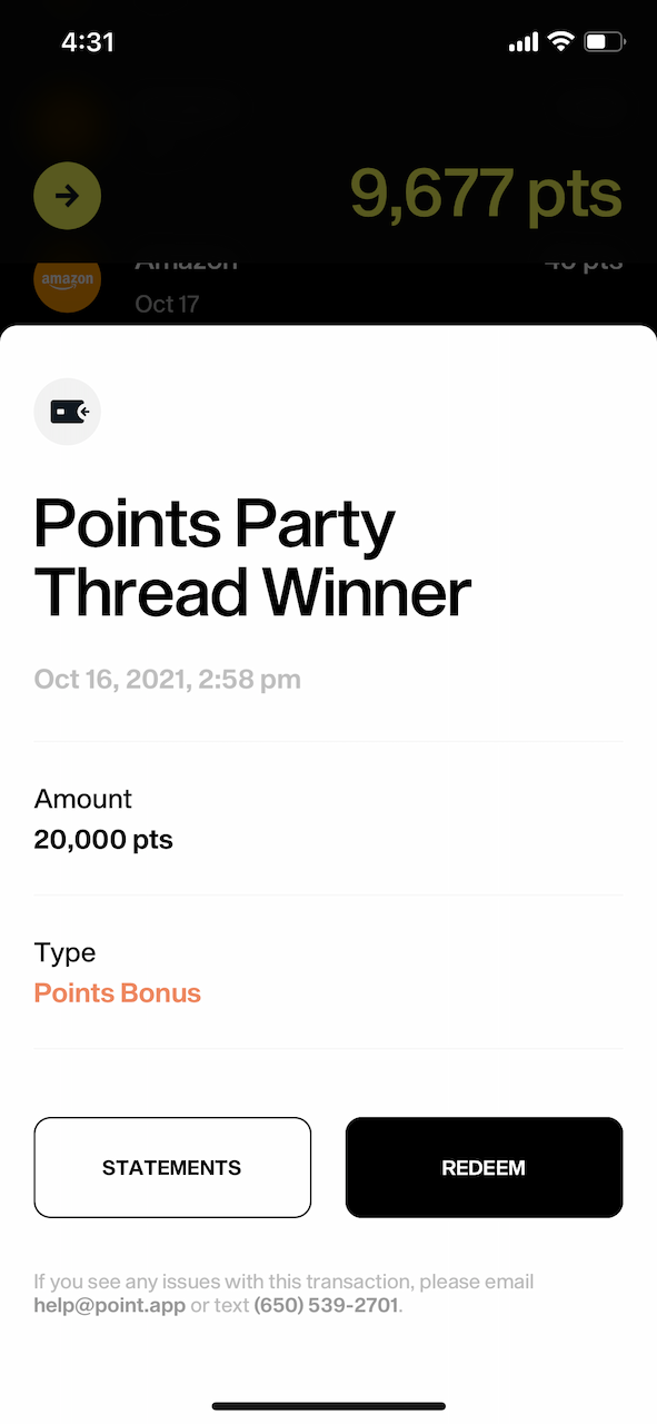 Screenshot of Point Party Thread Winner 20,000 points from the Points Debit Card