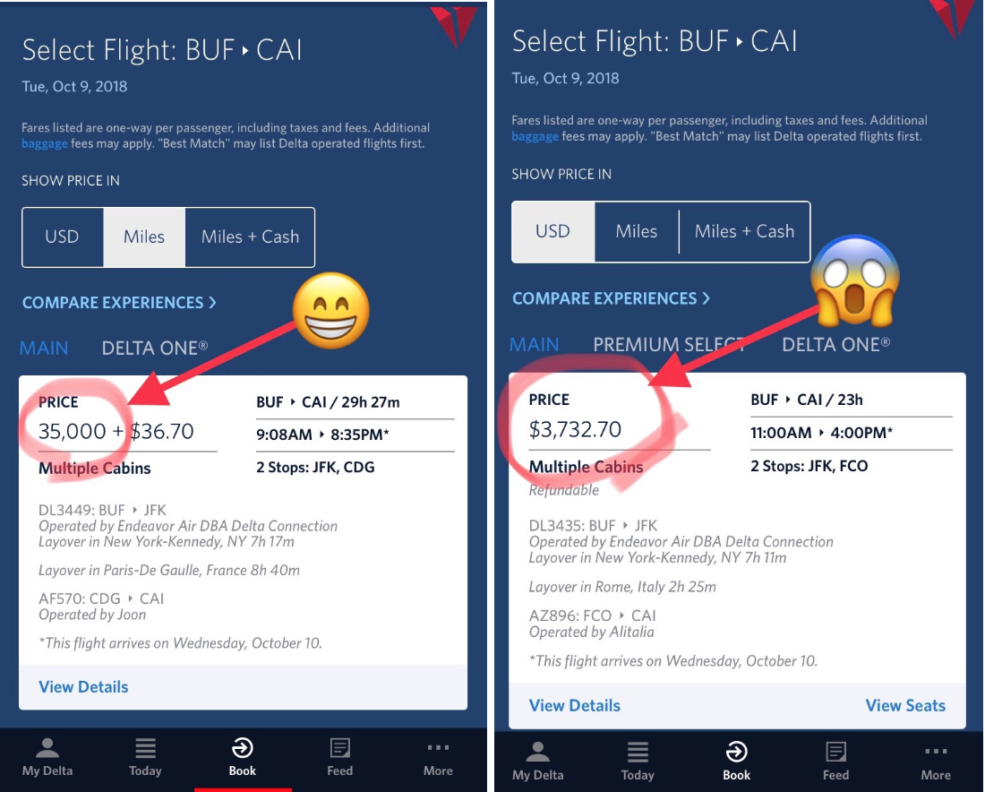 Screenshot of price of flights on Delta