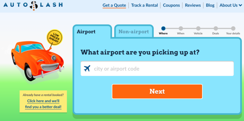 Screenshot of autoslash car rental to get a quote 