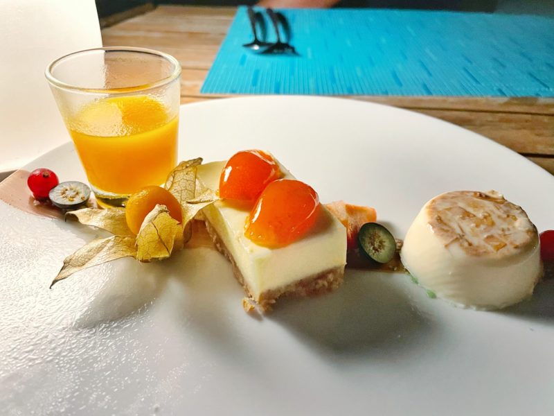 Cheesecake desert with panna cotta, orange confit and fruit soup