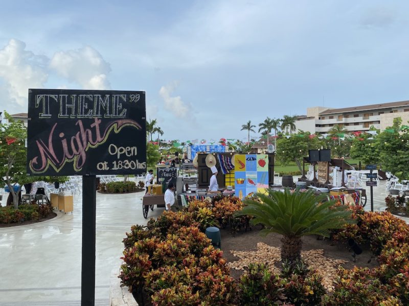 Sign stating "Theme Night" with decorations in the background