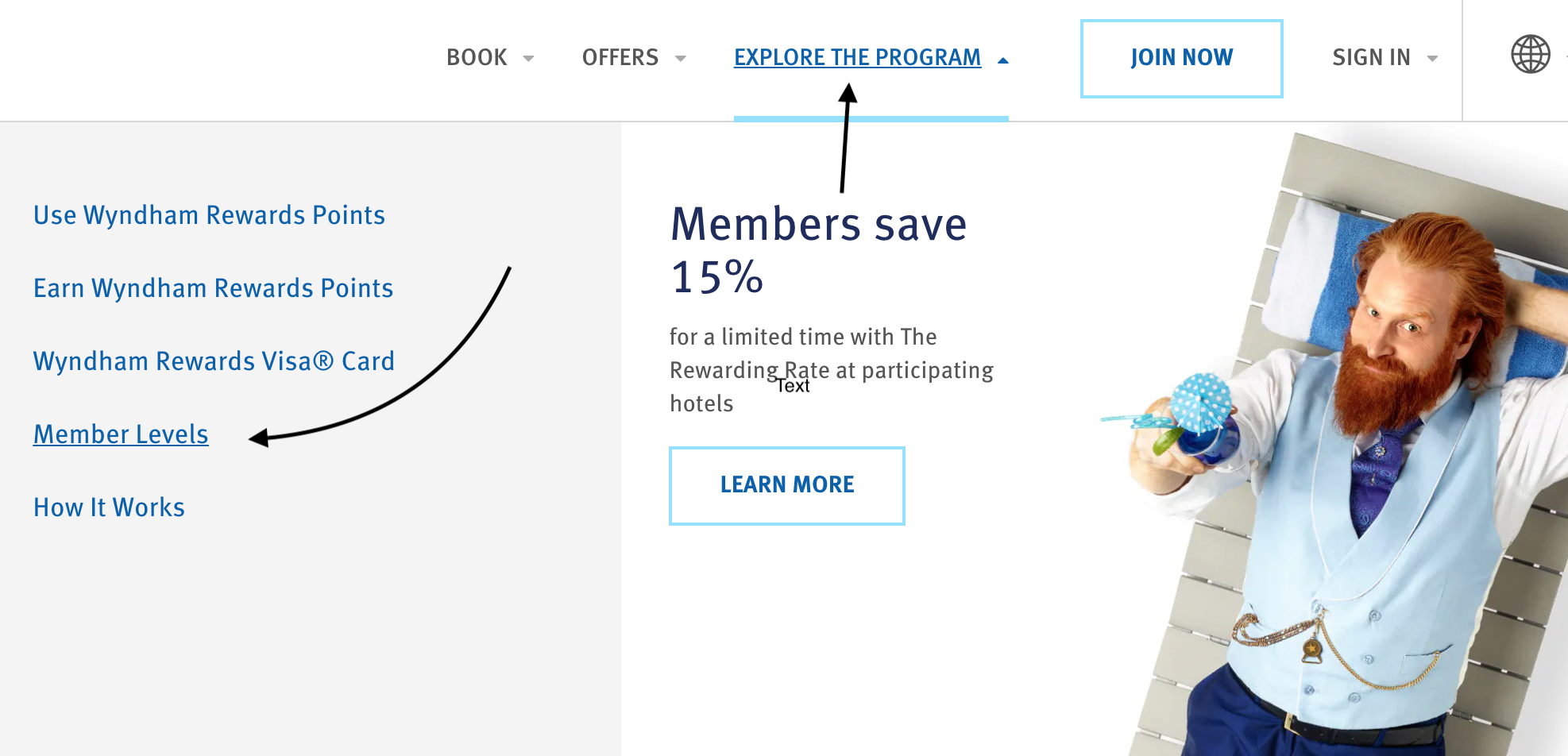 Screenshot of Wyndham Home page to "Explore the Program" and click Member levels