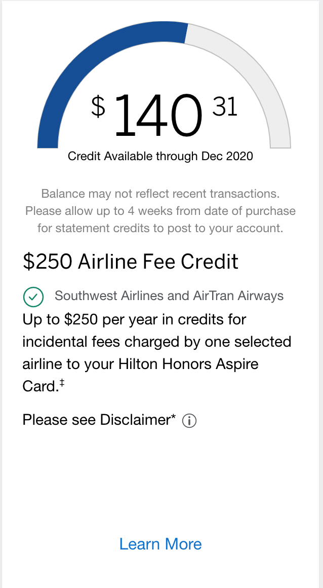 Hilton Honors Aspire Credit Card $250 Airline Credit
